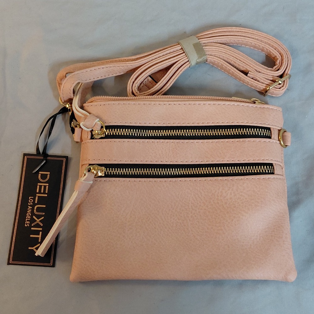 Deluxity Los Angeles Blush Pink Crossbody Bag Multi Zip Gold Tone NWT